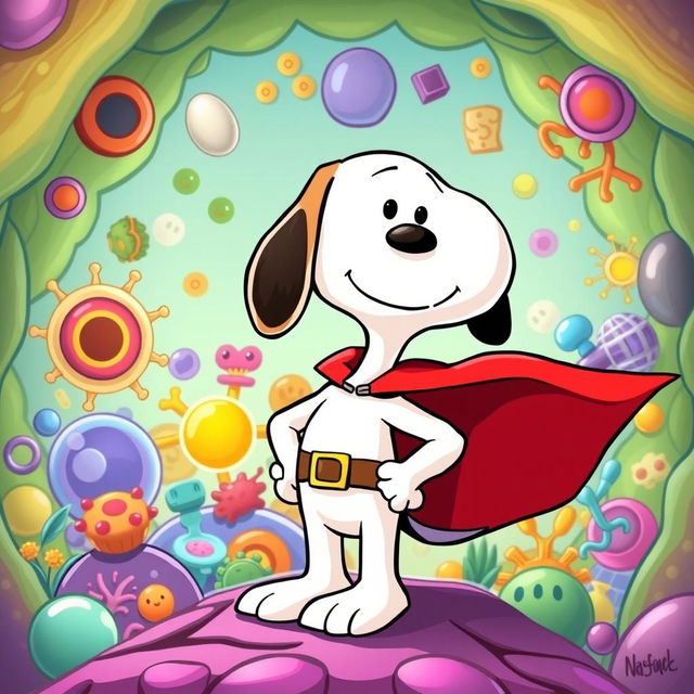 Snoopy, the iconic beagle from the Peanuts comic strip, depicted as a superhero, protectively standing guard over a vibrant, colorful representation of cellular contents