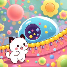 An engaging and educational illustration depicting facilitated diffusion through protein pores in a membrane, featuring Pochacco from Sanrio