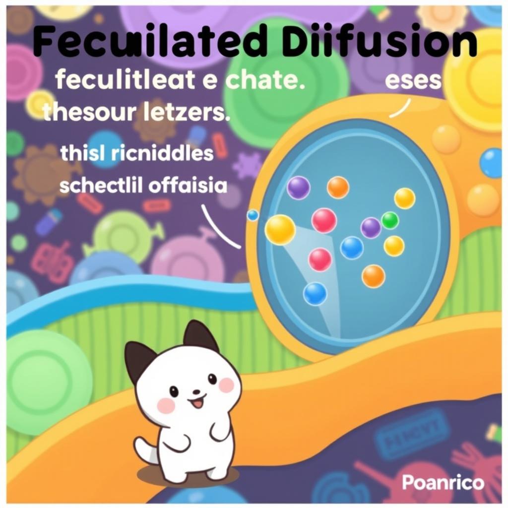 An engaging and educational illustration depicting facilitated diffusion through protein pores in a membrane, featuring Pochacco from Sanrio