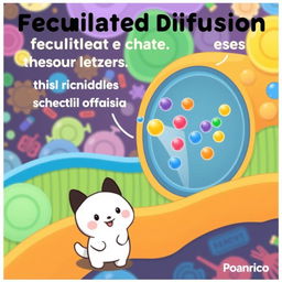 An engaging and educational illustration depicting facilitated diffusion through protein pores in a membrane, featuring Pochacco from Sanrio