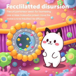 An engaging and educational illustration depicting facilitated diffusion through protein pores in a membrane, featuring Pochacco from Sanrio