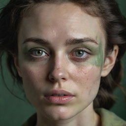 Create a 16k high-resolution, extremely detailed, photo-realistic image of a 23-year-old beautiful, sad woman with pale green irises and full, detailed, chapped lips. She has thick, messy dark hair, her eyes are closed, tears are on her eyelashes, and tear-tracks trail down her dirty face. The war-torn cityscape background and low light capture the style of a James Nachtwey professional photograph.