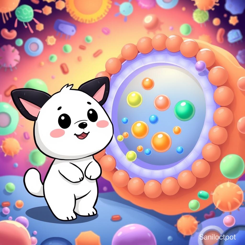 An engaging illustration depicting facilitated diffusion through protein pores in a membrane, featuring Pochacco from Sanrio