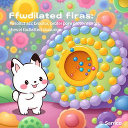 An engaging illustration depicting facilitated diffusion through protein pores in a membrane, featuring Pochacco from Sanrio