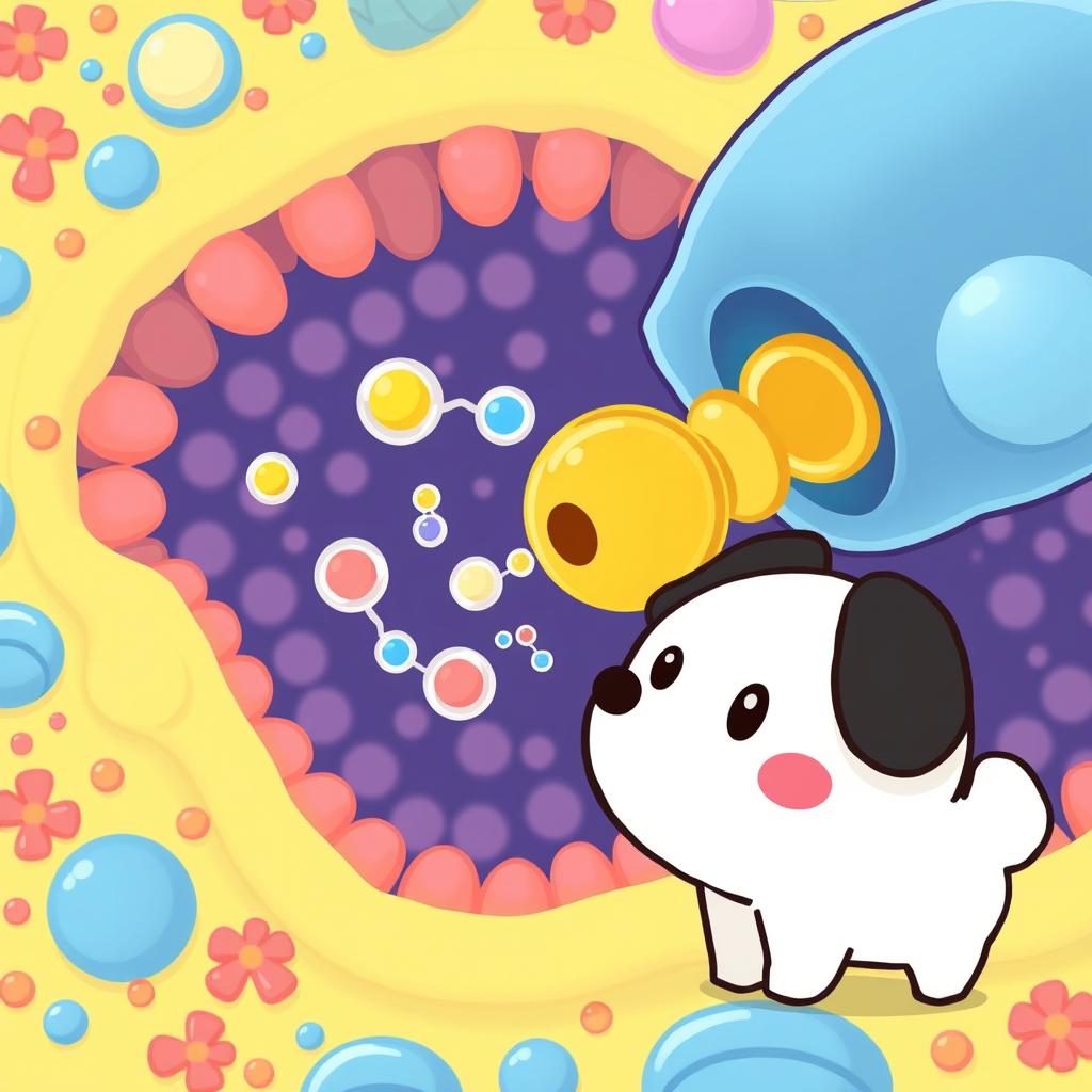 An engaging illustration depicting facilitated diffusion through protein pores in a membrane, featuring Pochacco from Sanrio