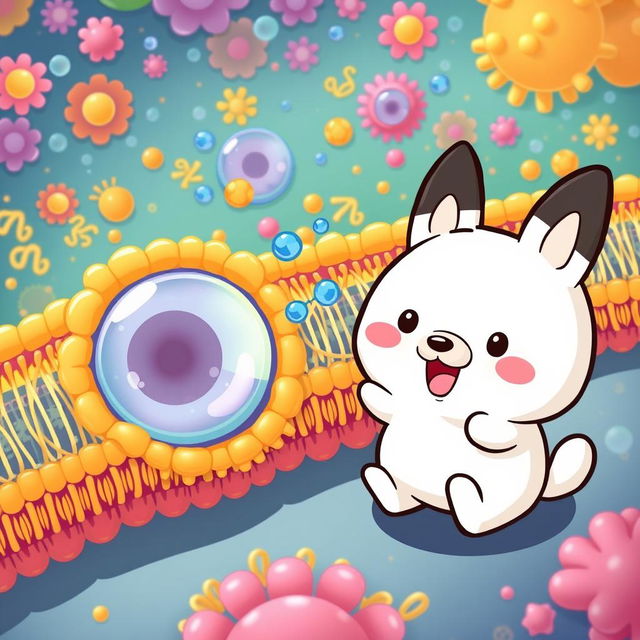 An engaging illustration depicting facilitated diffusion through protein pores in a membrane, featuring Pochacco from Sanrio