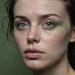 Create a 16k high-resolution, extremely detailed, photo-realistic image of a 23-year-old beautiful, sad woman with pale green irises and full, detailed, chapped lips. She has thick, messy dark hair, her eyes are closed, tears are on her eyelashes, and tear-tracks trail down her dirty face. The war-torn cityscape background and low light capture the style of a James Nachtwey professional photograph.