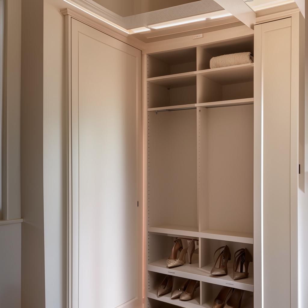 A 5x9 dressing room featuring a cupboard and mirror proportionally designed to fit the room size perfectly.