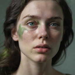 Create a 16k high-resolution, extremely detailed, photo-realistic image of a 23-year-old beautiful, sad woman with pale green irises and full, detailed, chapped lips. She has thick, messy dark hair, her eyes are closed, tears are on her eyelashes, and tear-tracks trail down her dirty face. The war-torn cityscape background and low light capture the style of a James Nachtwey professional photograph.