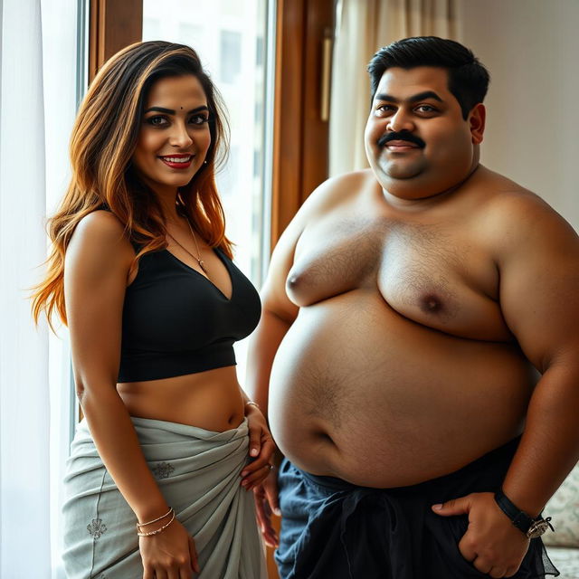 A hyperrealistic, photorealistic high-quality image of an extremely beautiful, voluptuous, thick, middle-aged Indian housewife aged 35