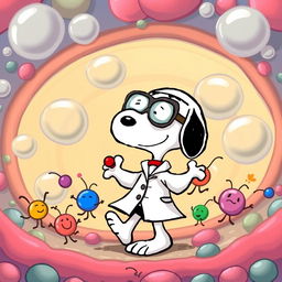 Snoopy, the beloved beagle from the Peanuts comic strip, illustrated as a busy scientist in a colorful, cartoonish environment, actively transporting ionic compounds through a process of endocytosis