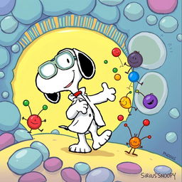 Snoopy, the beloved beagle from the Peanuts comic strip, illustrated as a busy scientist in a colorful, cartoonish environment, actively transporting ionic compounds through a process of endocytosis