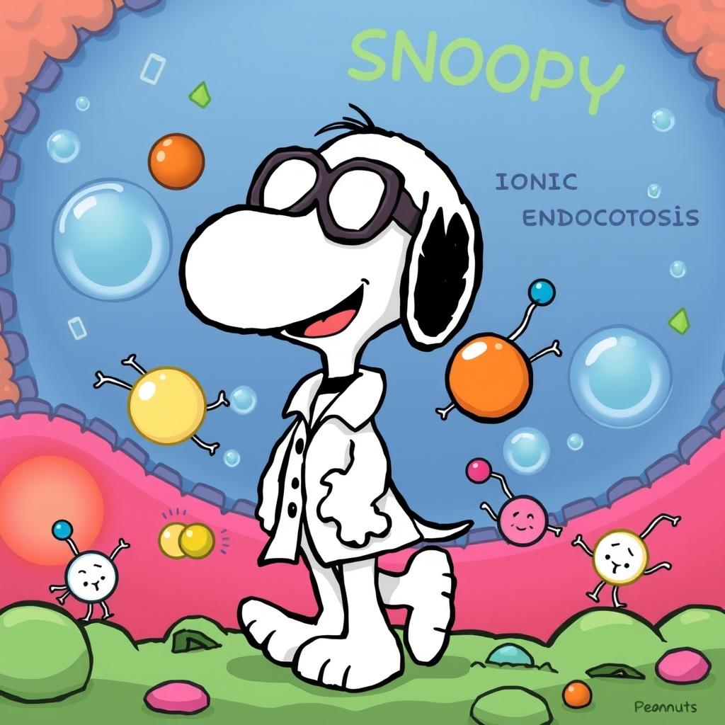 Snoopy, the beloved beagle from the Peanuts comic strip, illustrated as a busy scientist in a colorful, cartoonish environment, actively transporting ionic compounds through a process of endocytosis