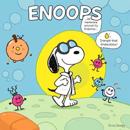 Snoopy, the beloved beagle from the Peanuts comic strip, illustrated as a busy scientist in a colorful, cartoonish environment, actively transporting ionic compounds through a process of endocytosis