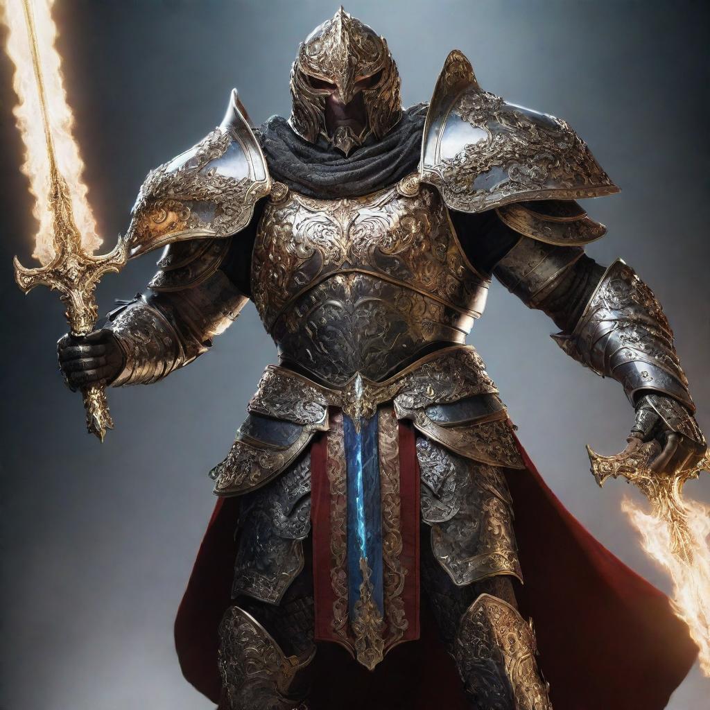 A powerful figure dressed in intimidating, ornate armor, exuding an aura of fear and awe, making enemies tremble.