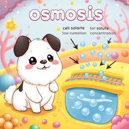 A charming and educational illustration representing osmosis, featuring a cute dog very similar to Pochacco from Sanrio