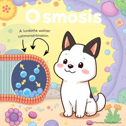 A charming and educational illustration representing osmosis, featuring a cute dog very similar to Pochacco from Sanrio