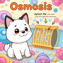 A charming and educational illustration representing osmosis, featuring a cute dog very similar to Pochacco from Sanrio