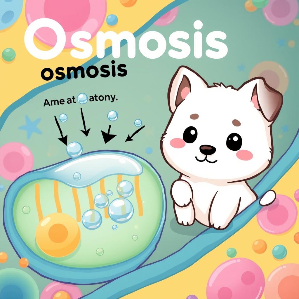 A charming and educational illustration representing osmosis, featuring a cute dog very similar to Pochacco from Sanrio