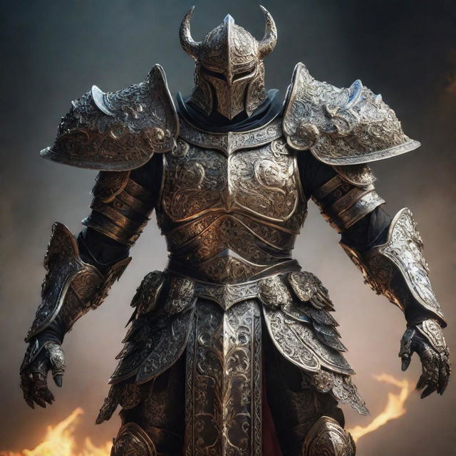 A powerful figure dressed in intimidating, ornate armor, exuding an aura of fear and awe, making enemies tremble.