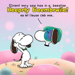 Snoopy, the lovable beagle from the Peanuts comic strip, depicted in a touching farewell scene with a colorful representation of a cell membrane