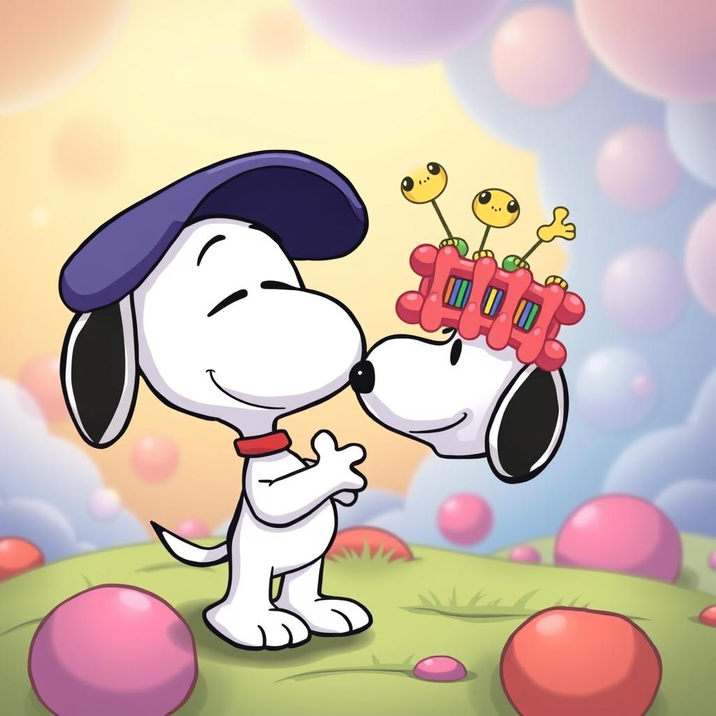 Snoopy, the lovable beagle from the Peanuts comic strip, depicted in a touching farewell scene with a colorful representation of a cell membrane