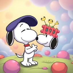 Snoopy, the lovable beagle from the Peanuts comic strip, depicted in a touching farewell scene with a colorful representation of a cell membrane