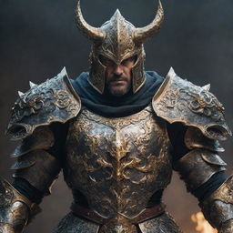 A powerful figure dressed in intimidating, ornate armor, exuding an aura of fear and awe, making enemies tremble.