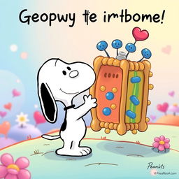 Snoopy, the lovable beagle from the Peanuts comic strip, depicted in a touching farewell scene with a colorful representation of a cell membrane