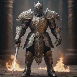 A powerful figure dressed in intimidating, ornate armor, exuding an aura of fear and awe, making enemies tremble.