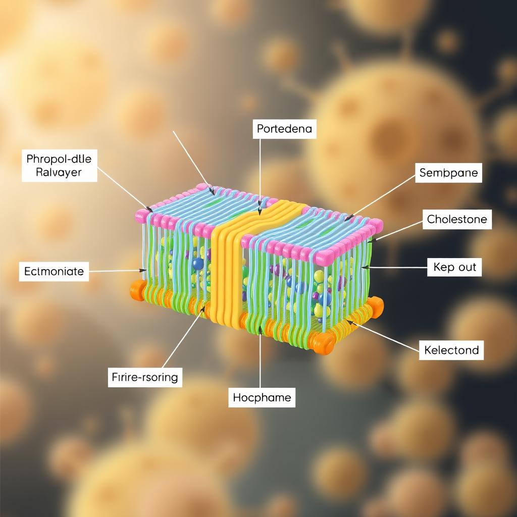 Illustration of a cellular membrane (plasma membrane) with detailed components such as phospholipid bilayer, proteins, carbohydrates, and cholesterol molecules, depicted in a colorful and educational style