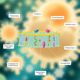 Illustration of a cellular membrane (plasma membrane) with detailed components such as phospholipid bilayer, proteins, carbohydrates, and cholesterol molecules, depicted in a colorful and educational style