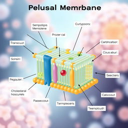 Illustration of a cellular membrane (plasma membrane) with detailed components such as phospholipid bilayer, proteins, carbohydrates, and cholesterol molecules, depicted in a colorful and educational style