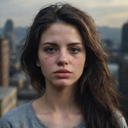 Generate a 16k high-resolution, exceptionally detailed, photo-realistic image of a beautiful, sad 23-year-old woman. She has thick, messy dark hair, voluminous chapped lips, closed eyes, tears on eyelashes and tear-tracks on her dirty face. Her backdrop is a war-torn cityscape shot in low light, echoing the style of James Nachtwey's photography.