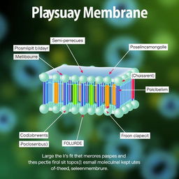 Illustration of a cellular membrane (plasma membrane) with detailed components such as phospholipid bilayer, proteins, carbohydrates, and cholesterol molecules, depicted in a colorful and educational style