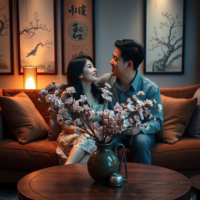 A couple from China sharing an intimate moment in a cozy setting