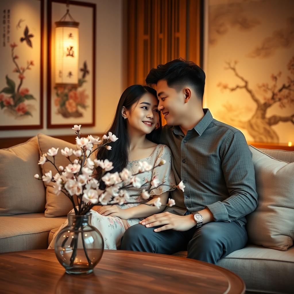 A couple from China sharing an intimate moment in a cozy setting