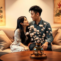 A couple from China sharing an intimate moment in a cozy setting