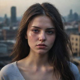 Generate a 16k high-resolution, exceptionally detailed, photo-realistic image of a beautiful, sad 23-year-old woman. She has thick, messy dark hair, voluminous chapped lips, closed eyes, tears on eyelashes and tear-tracks on her dirty face. Her backdrop is a war-torn cityscape shot in low light, echoing the style of James Nachtwey's photography.