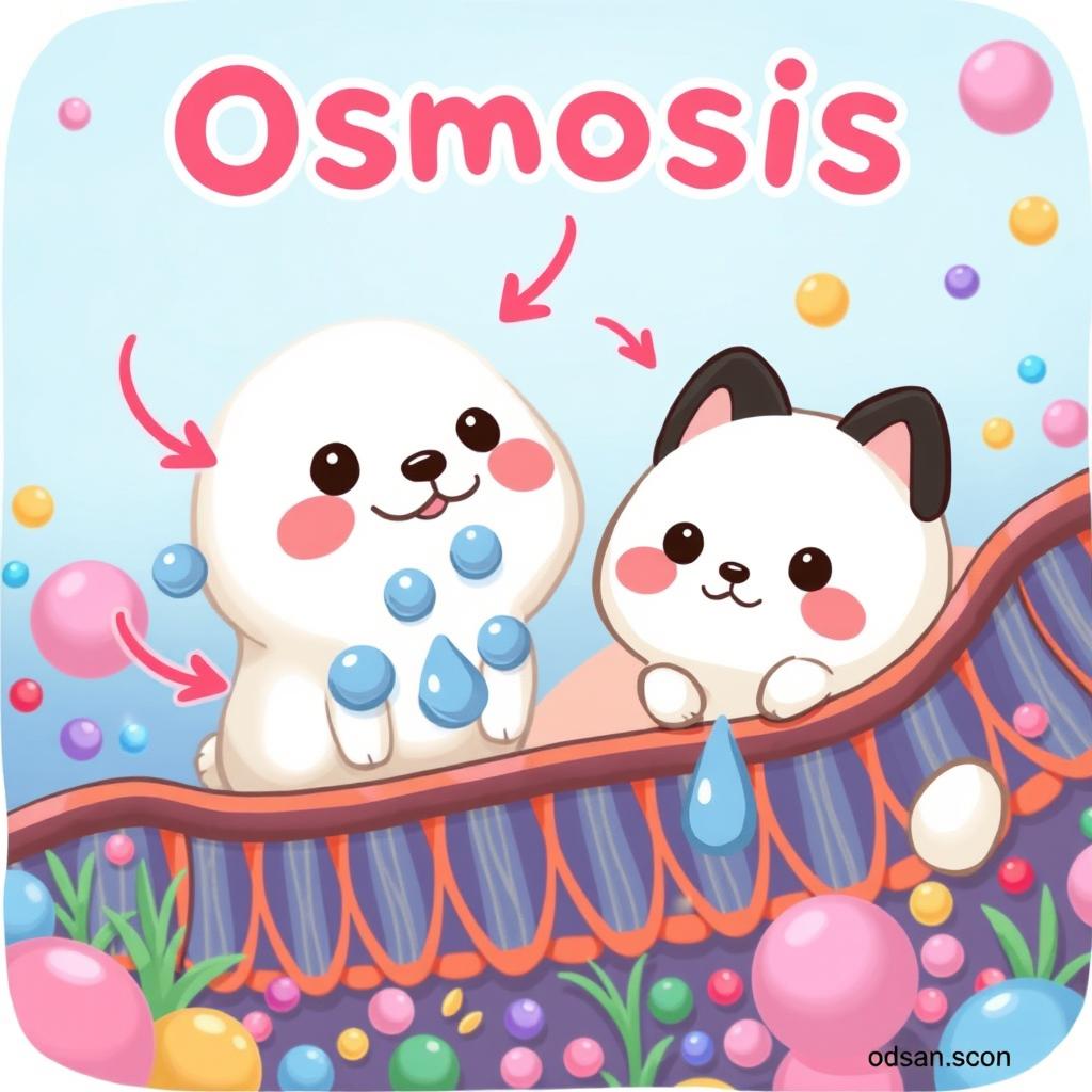 A delightful illustration depicting osmosis, featuring a dog very similar to Pochacco from Sanrio