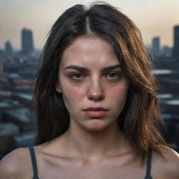 Generate a 16k high-resolution, exceptionally detailed, photo-realistic image of a beautiful, sad 23-year-old woman. She has thick, messy dark hair, voluminous chapped lips, closed eyes, tears on eyelashes and tear-tracks on her dirty face. Her backdrop is a war-torn cityscape shot in low light, echoing the style of James Nachtwey's photography.