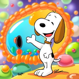 Snoopy, the charming beagle from the Peanuts comic strip, joyfully greeting a vibrant and friendly depiction of a cell membrane