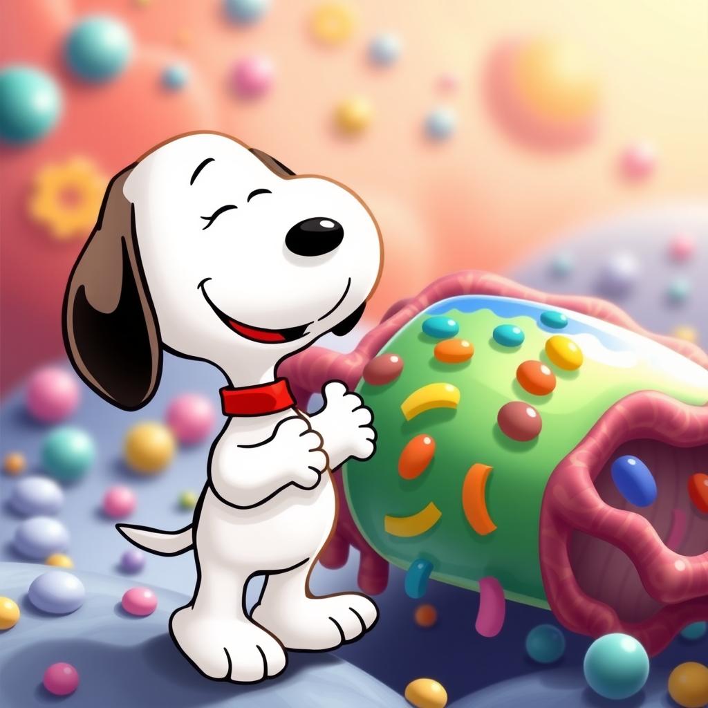 Snoopy, the charming beagle from the Peanuts comic strip, joyfully greeting a vibrant and friendly depiction of a cell membrane