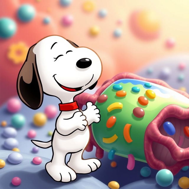 Snoopy, the charming beagle from the Peanuts comic strip, joyfully greeting a vibrant and friendly depiction of a cell membrane