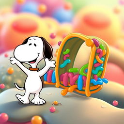 Snoopy, the charming beagle from the Peanuts comic strip, joyfully greeting a vibrant and friendly depiction of a cell membrane