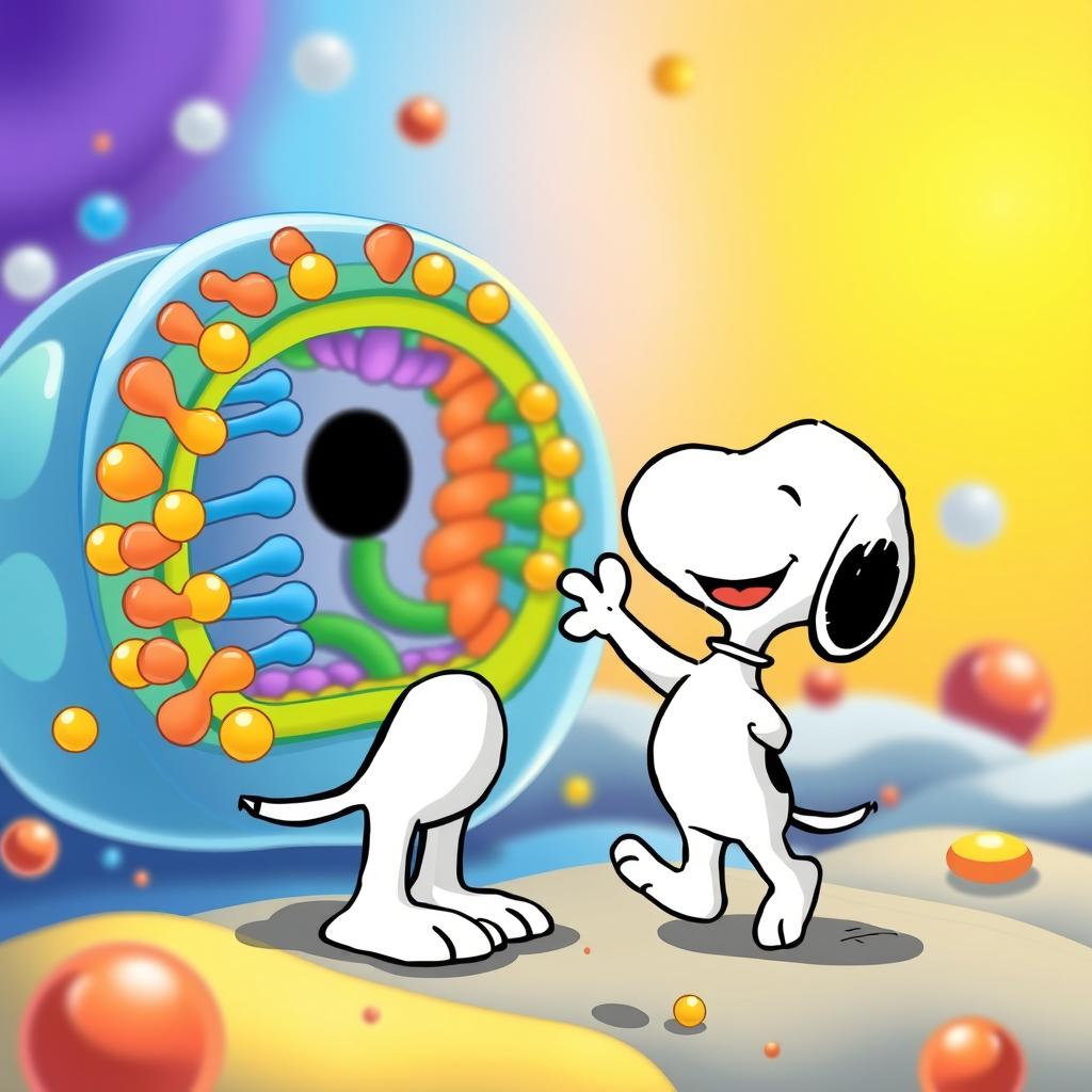 Snoopy, the charming beagle from the Peanuts comic strip, joyfully greeting a vibrant and friendly depiction of a cell membrane