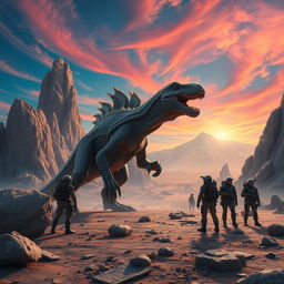 A thrilling scene of a Megarexx expedition in a vast, alien landscape with gigantic, menacing rock formations