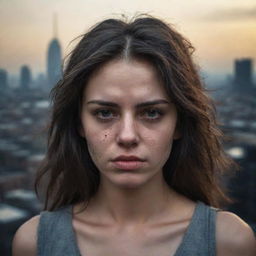 Generate a 16k high-resolution, exceptionally detailed, photo-realistic image of a beautiful, sad 23-year-old woman. She has thick, messy dark hair, voluminous chapped lips, closed eyes, tears on eyelashes and tear-tracks on her dirty face. Her backdrop is a war-torn cityscape shot in low light, echoing the style of James Nachtwey's photography.