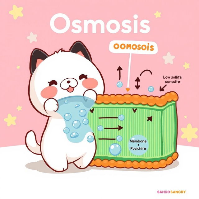 A delightful illustration showcasing osmosis, featuring Pochacco from Sanrio, the adorable white dog with black ears