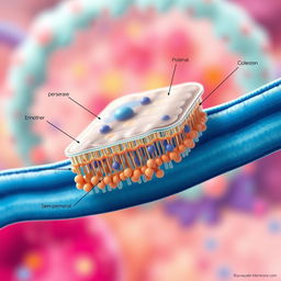 A highly detailed illustration of a cell membrane, showcasing its structure with phospholipid bilayer, integral proteins, and embedded cholesterol molecules